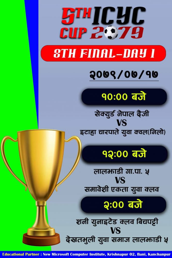 पाचौं आई.सी. वाई सी. कप : आज देखि प्री- क्वाटरफाइनलका खेल सुरु