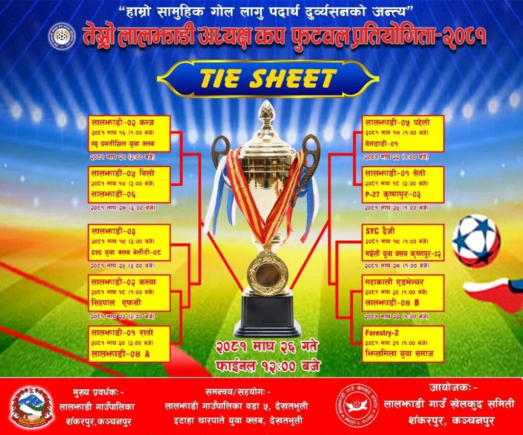 तेस्रो लालझाडी अध्यक्ष कप फुटबल प्रतियोगिताको खेल तालिका सार्वजनिक, आज दिउँसो १ बजे उद्धघाटन हुँदै