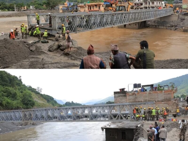 नुवाकोटको देवीघाटमा सेनाद्वारा निर्मित ‘एक्रो ब्रिज’ जडान सम्पन्न, भोलिदेखि पैदलयात्रीका लागि खुला हुने