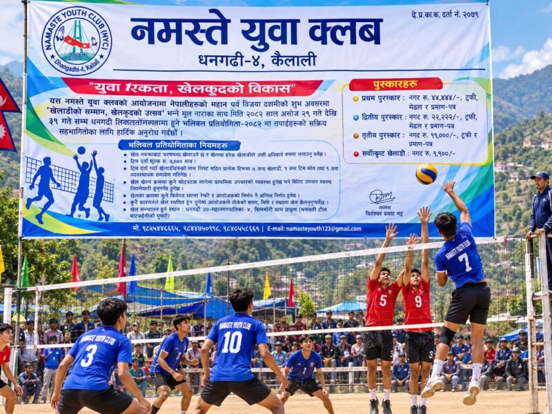 धनगढीमा नमस्ते युवा क्लबको आयोजनामा खुल्ला पुरुष भलिबल प्रतियोगिता हुने